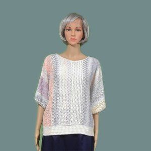 Vintage Short Sleeve Soft Bulky Knit Pullover ~ Pastel Multi-Color Stripe